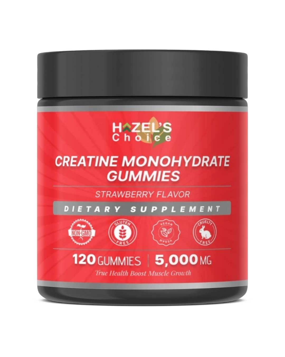 HAZEL'S Choice Creatine Gummies strawberry flavor bottle for convenient daily energy support