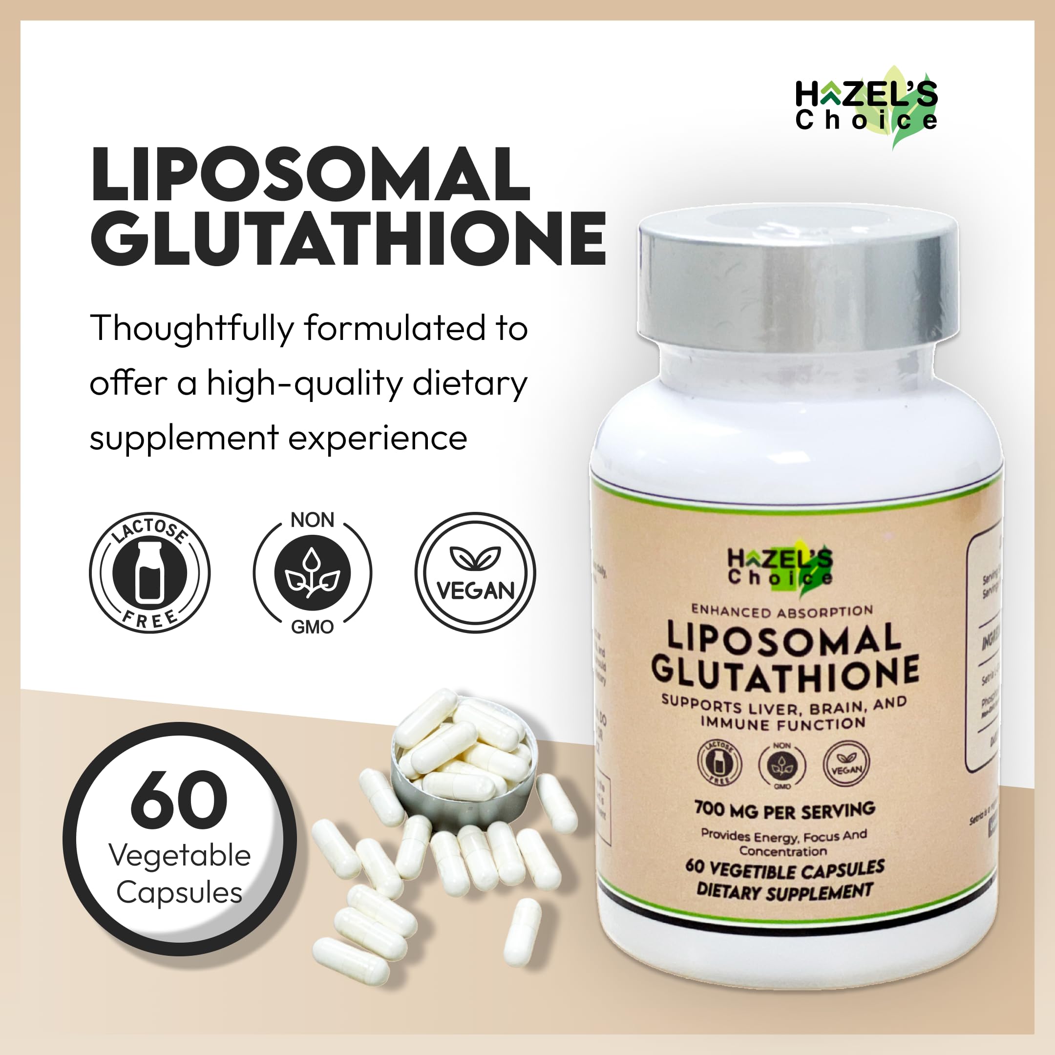 HAZEL'S Choice liposomal glutathione bottle back label shows ingredients and vegan status