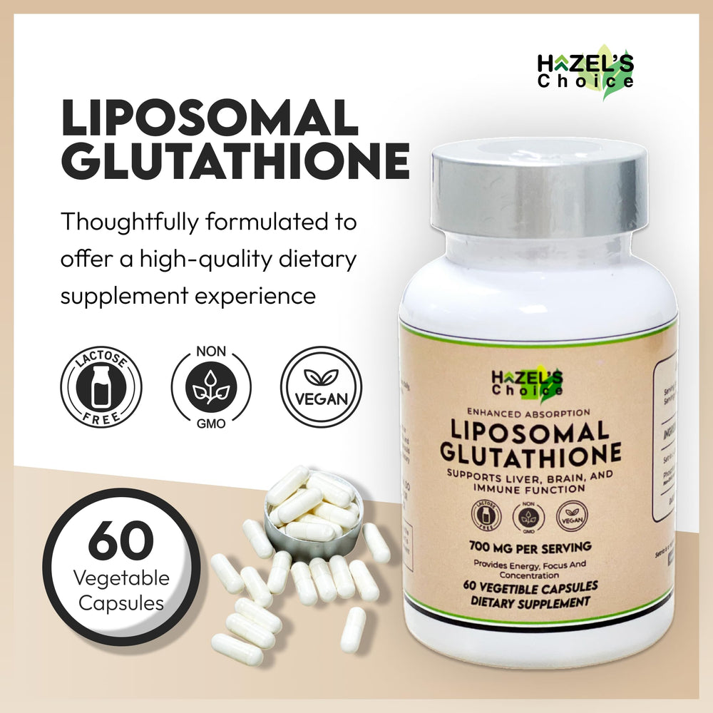 HAZEL'S Choice liposomal glutathione bottle back label shows ingredients and vegan status