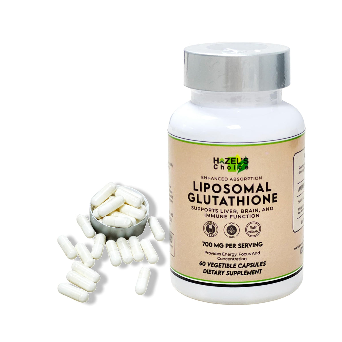 HAZEL'S Choice liposomal glutathione bottle front view for vegan non-GMO daily wellness