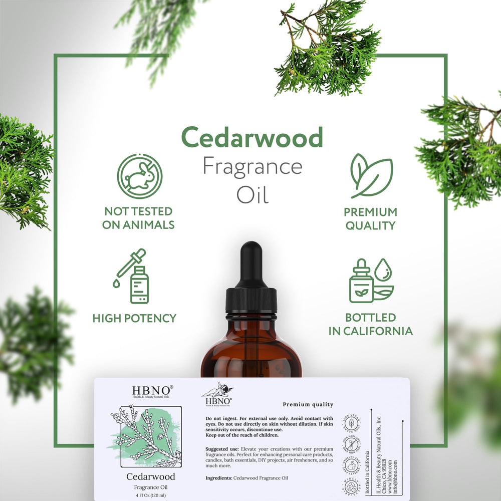 HBNO cedarwood fragrance oil packaging scene ideal for soaps and candles.