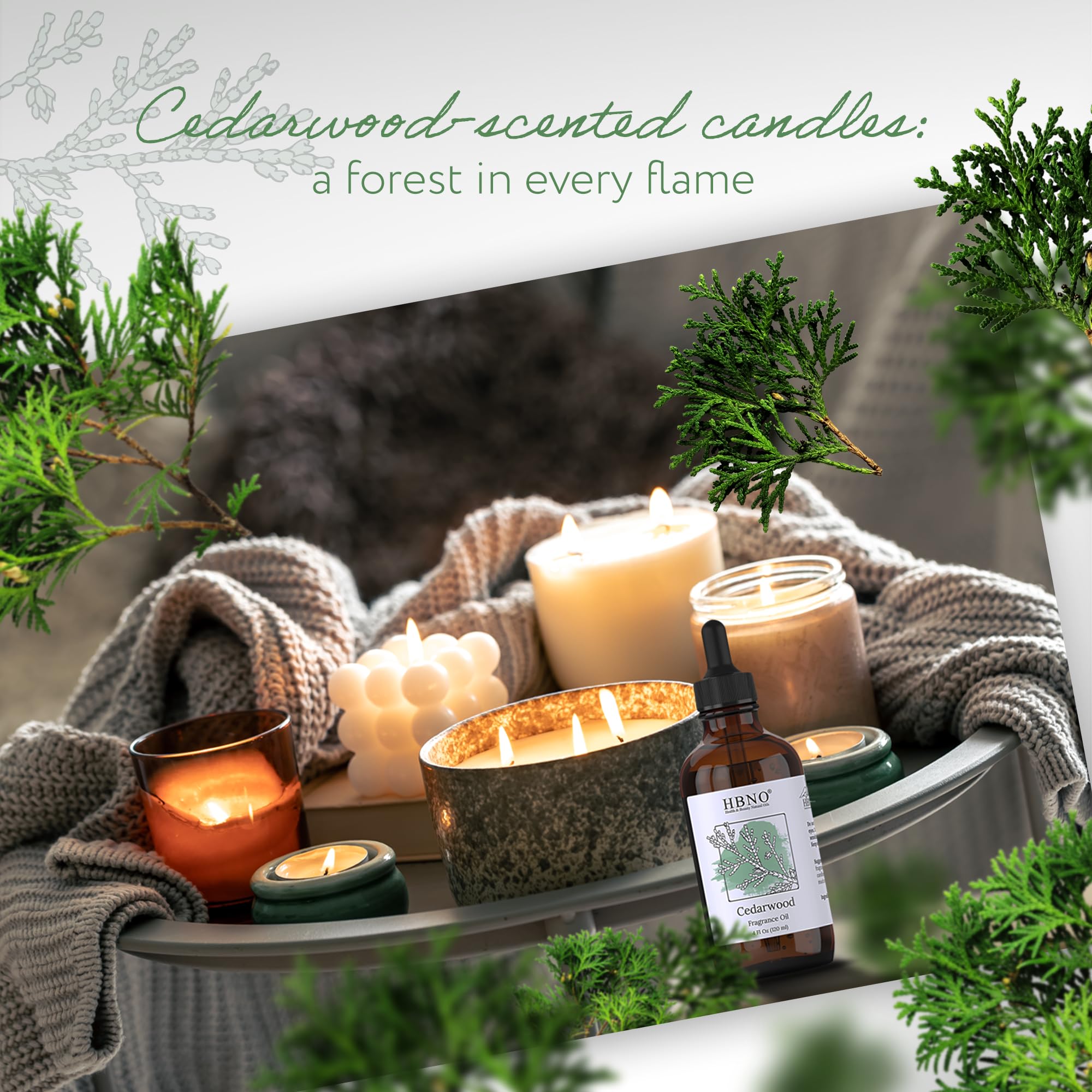 HBNO cedarwood fragrance oil packaging scene shows USA-made quality.