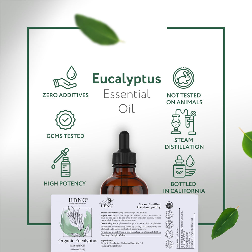 HBNO eucalyptus globulus oil demonstrating hair and skin care uses.