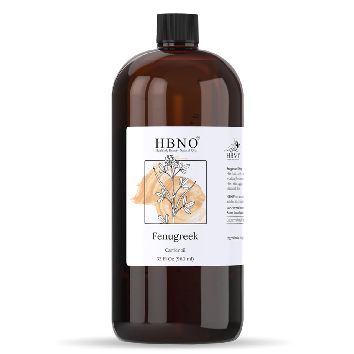 HBNO Fenugreek Oil 960ml bottle front, ideal for large-batch DIY beauty recipes.