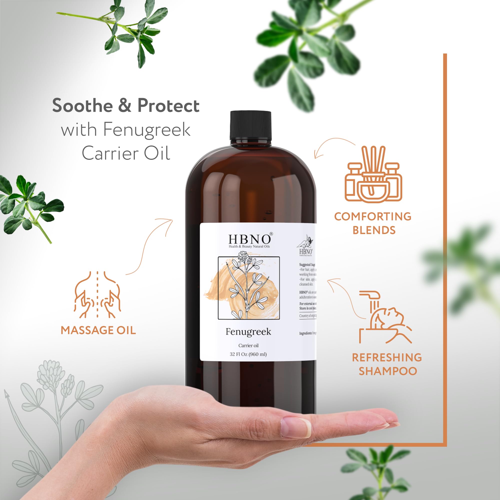 HBNO Fenugreek Oil 960ml bottle pour, easy dispensing for crafting soaps and lotions.
