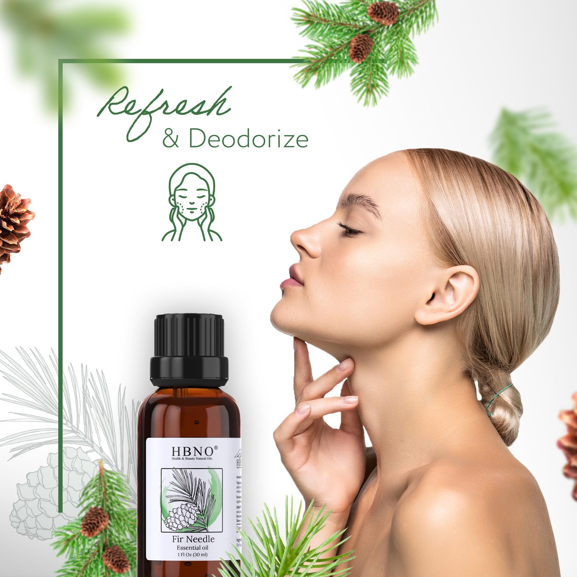 HBNO fir needle oil cleaning blend droplets for surfaces and fresh spaces.