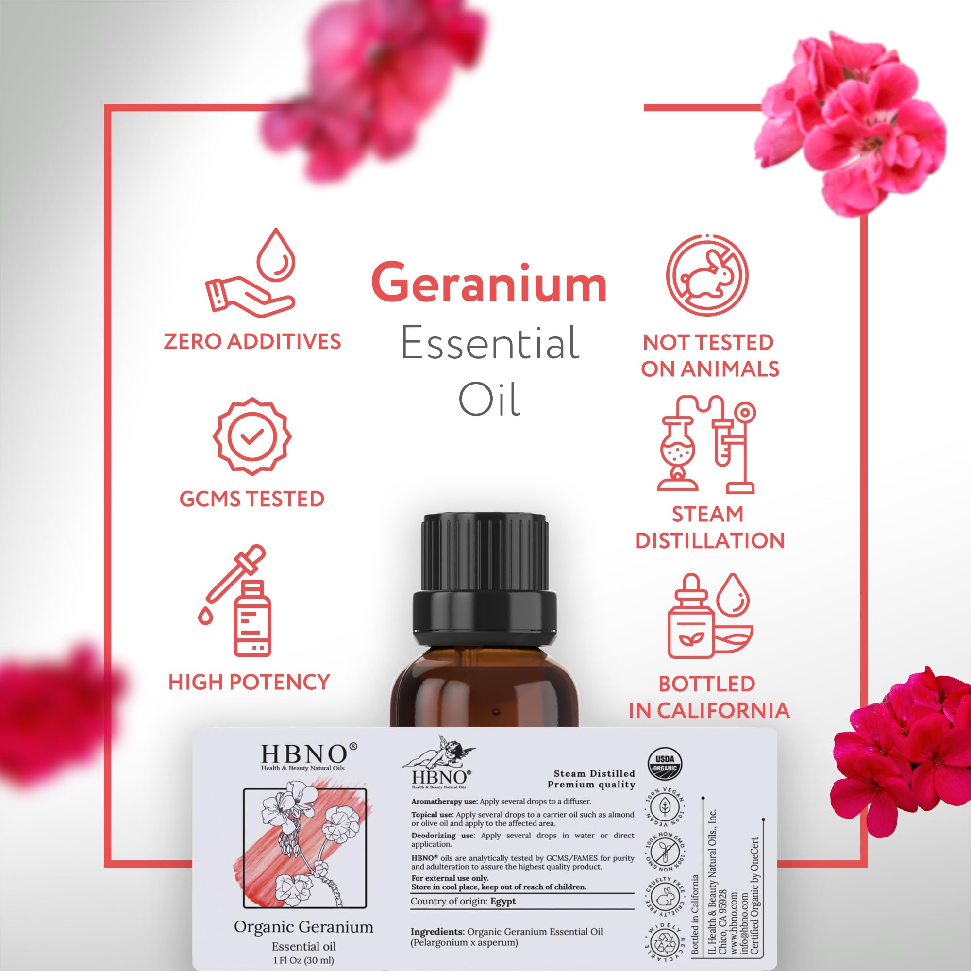 HBNO Organic Geranium Oil packaging with USA production label.