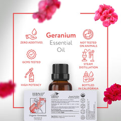 HBNO Organic Geranium Oil packaging with USA production label.