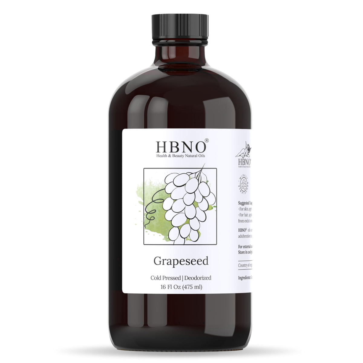 HBNO grapeseed oil bottle in glass showcases premium packaging.