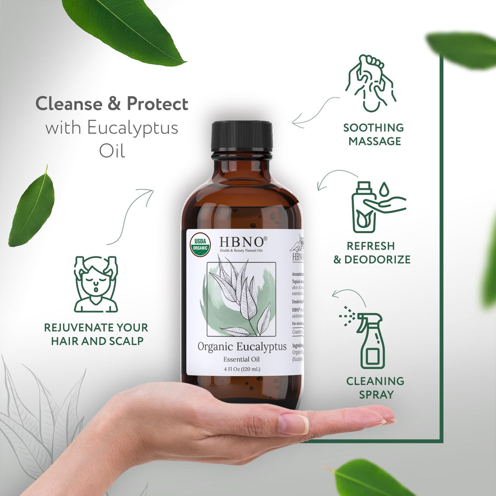 HBNO organic eucalyptus globulus bottle closeup highlighting purity for diffuser use.