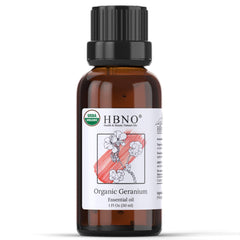 HBNO Organic Geranium Oil bottle in amber glass for aromatherapy and DIY blends.