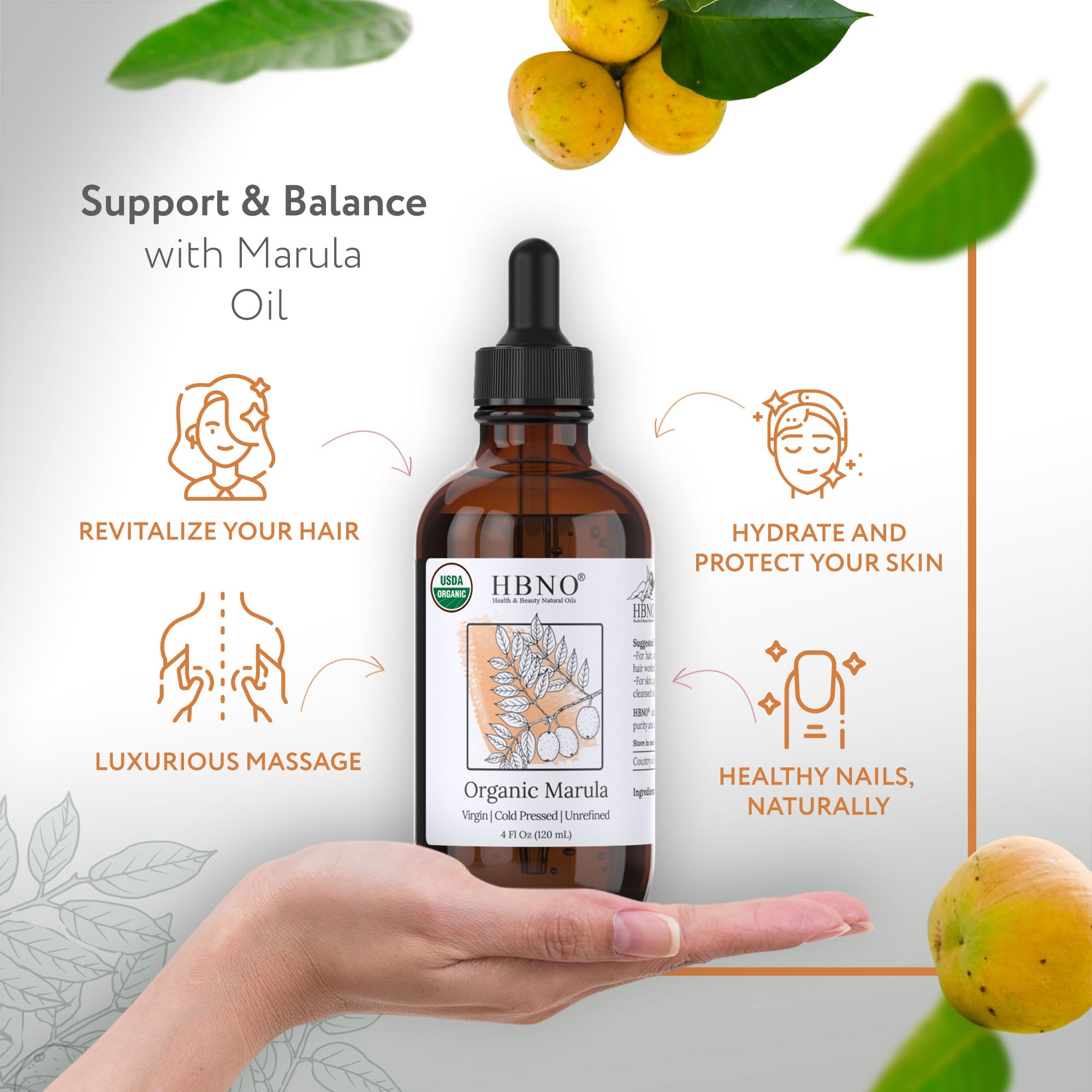 HBNO Organic Marula Oil ingredients label confirms hexane-free, cold-pressed quality.