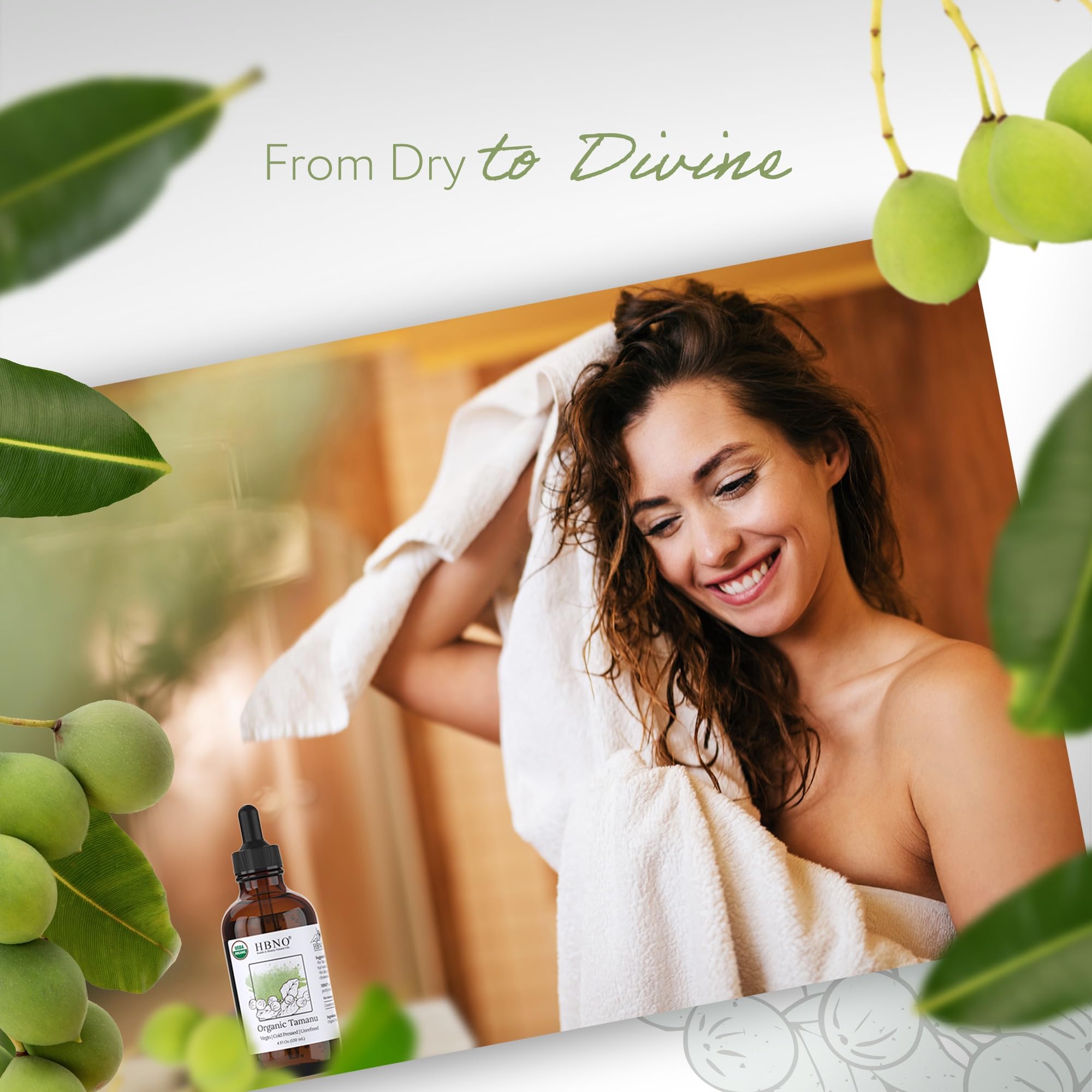 HBNO Tamanu oil application on skin helps nourish cuticles, scalp, and dry areas.
