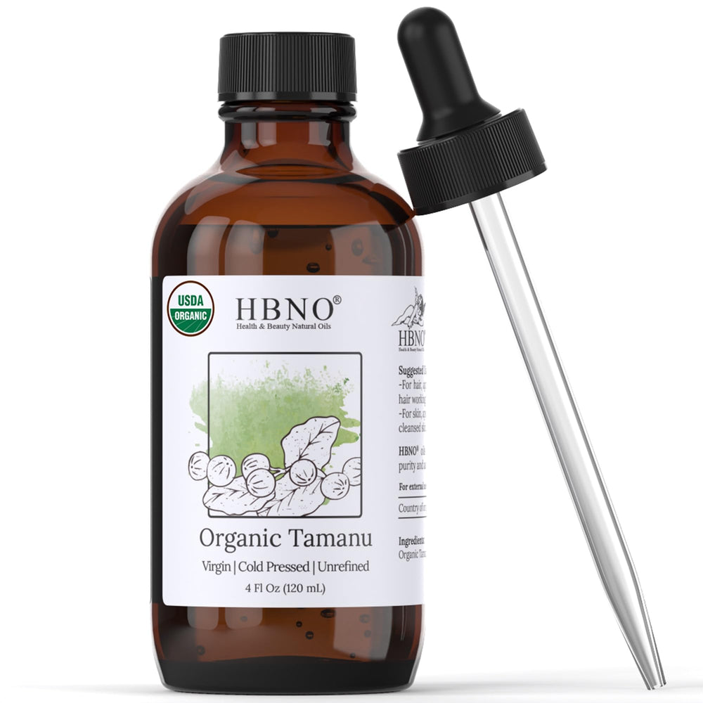 HBNO Tamanu oil bottle 4oz offers hydration and versatile skincare uses.