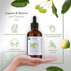 HBNO Tamanu oil label on bottle highlights USDA organic quality and cold-pressed value.