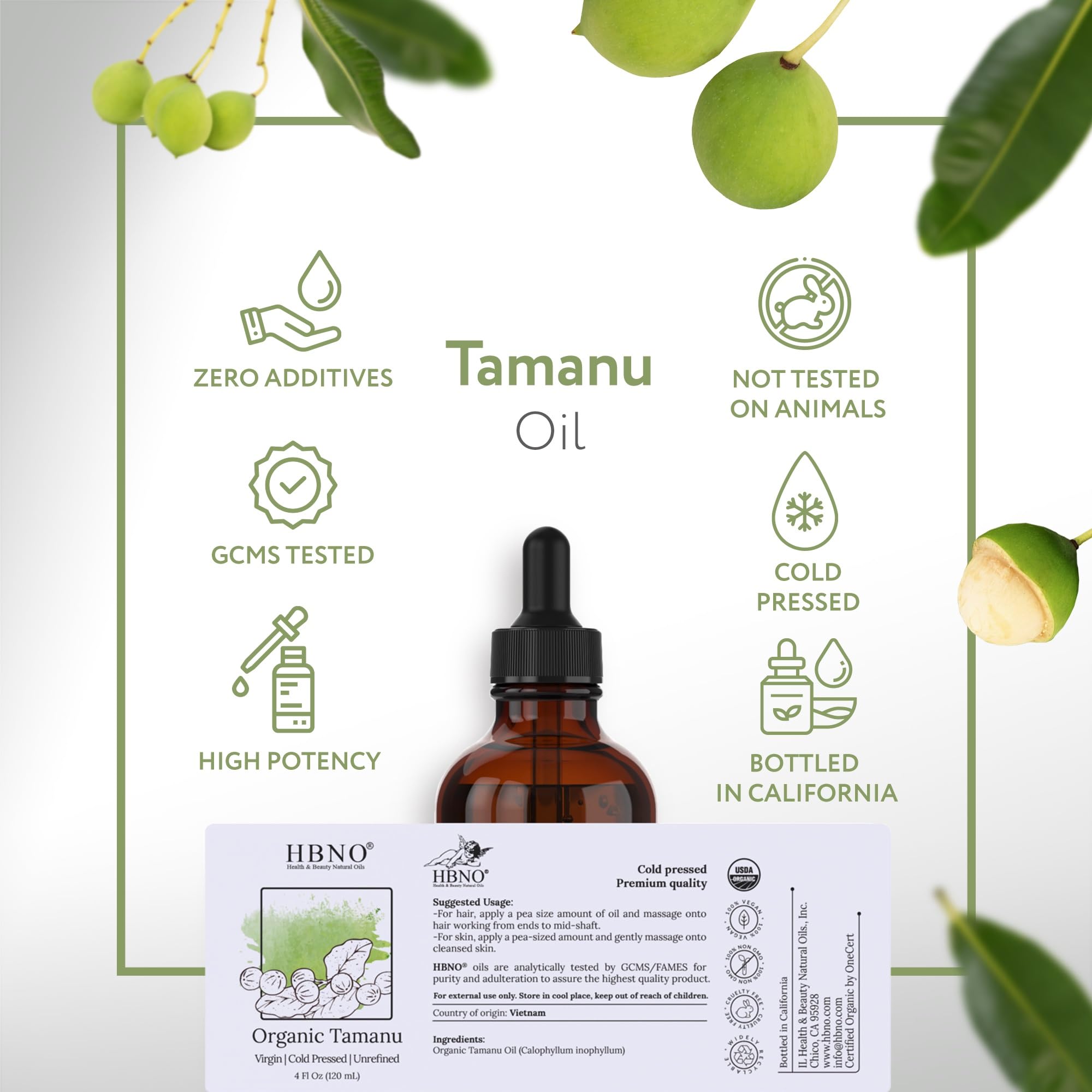 HBNO Tamanu oil texture appears rich yet absorbs quickly for non-greasy skin.