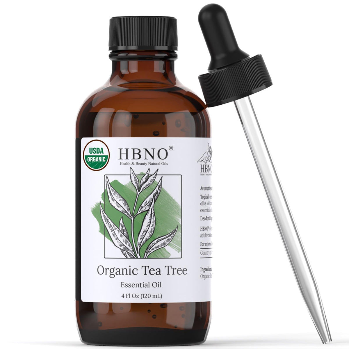HBNO tea tree oil bottle closeup showcases purity for skin and hair use.