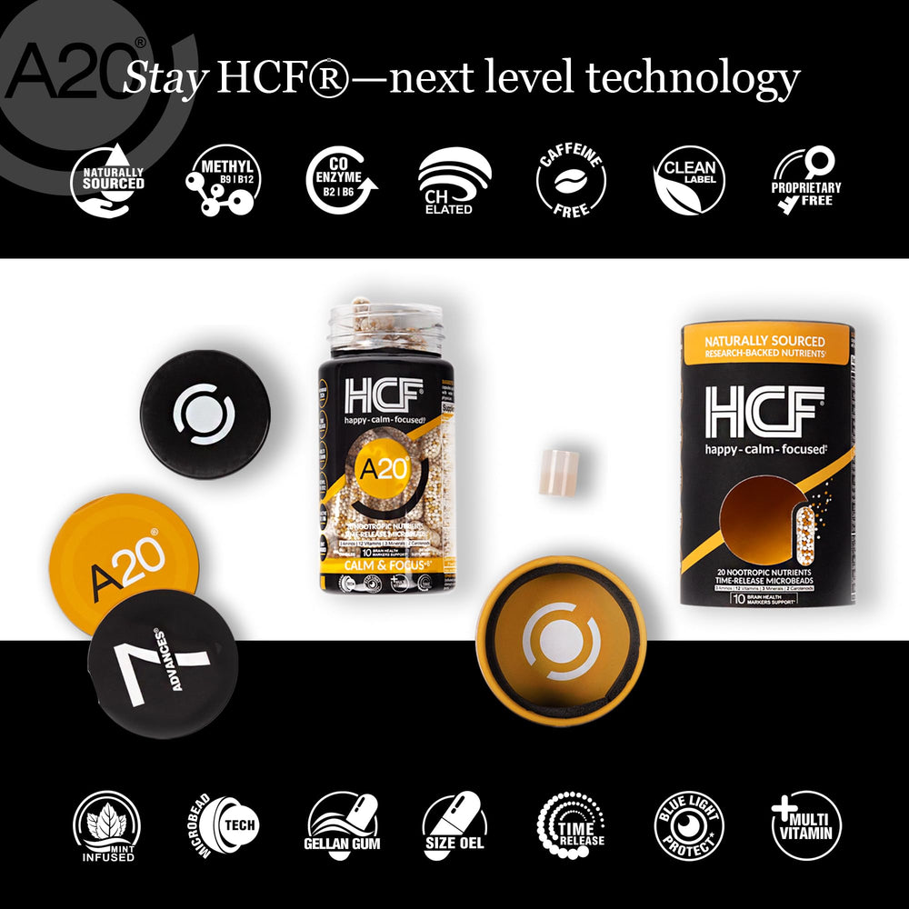 HCF A20 time-release microbeads illustrate sustained release for steady daytime energy.