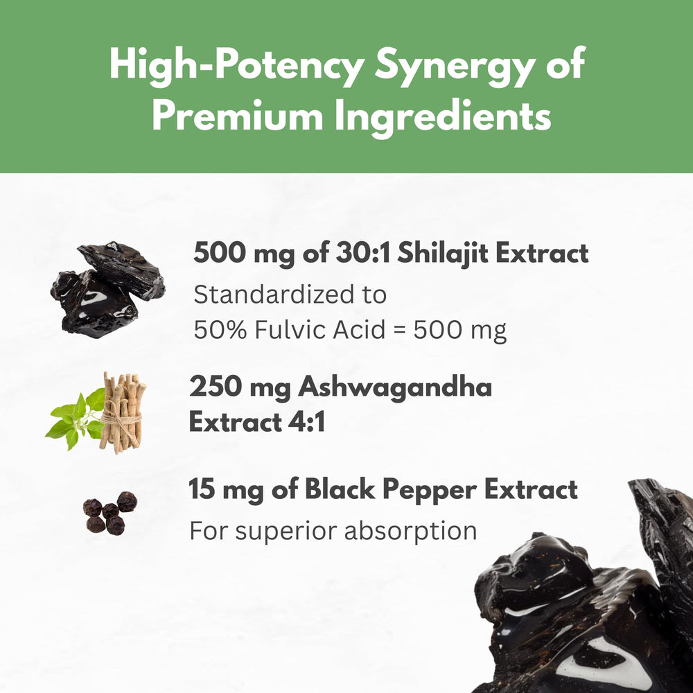 HCL Herbal Code Labs Pure Shilajit Resin Capsules close-up shows 50% fulvic acid.