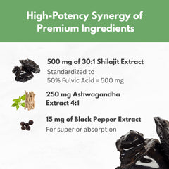 HCL Herbal Code Labs Pure Shilajit Resin Capsules close-up shows 50% fulvic acid.