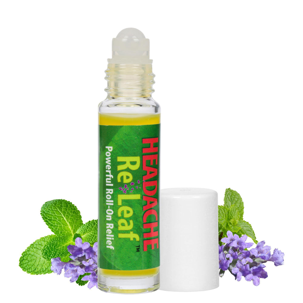 Headache Re Leaf Roll-On applied to temples for cooling relief and calming aroma