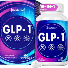 Heafetine GLP-1 bottle shows the 16-in-1 formula for gut support.