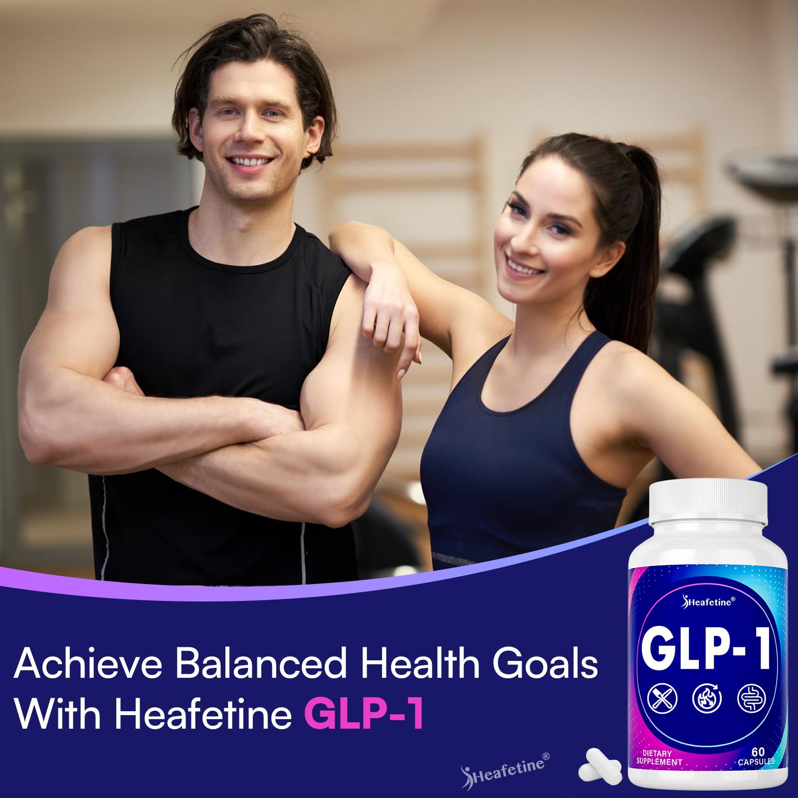 GLP-1 bottle emphasizes gut health and digestive balance with probiotic blend.
