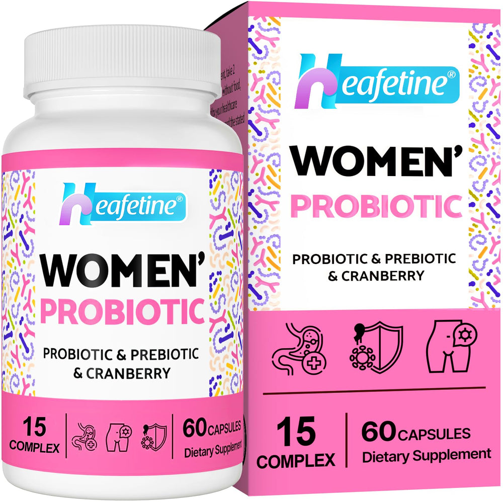 Heafetine women's probiotic bottle close-up showing 300B CFUs and 15-in-1 blend for vaginal health.