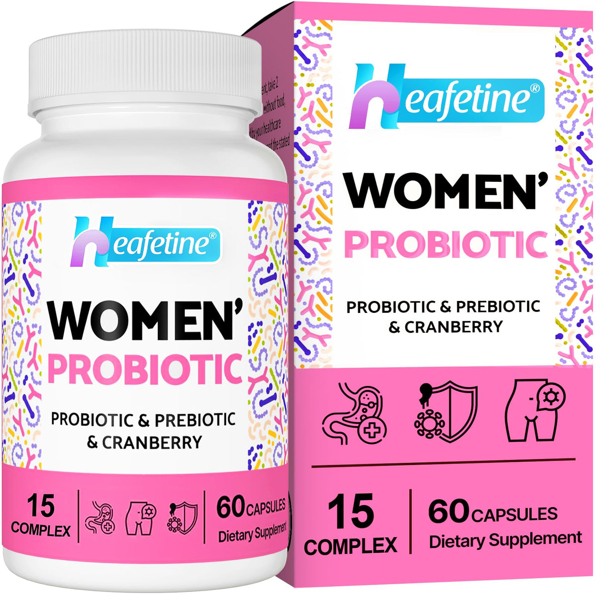 Heafetine women's probiotic bottle close-up showing 300B CFUs and 15-in-1 blend for vaginal health.