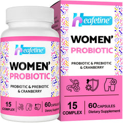 Heafetine women's probiotic bottle close-up showing 300B CFUs and 15-in-1 blend for vaginal health.
