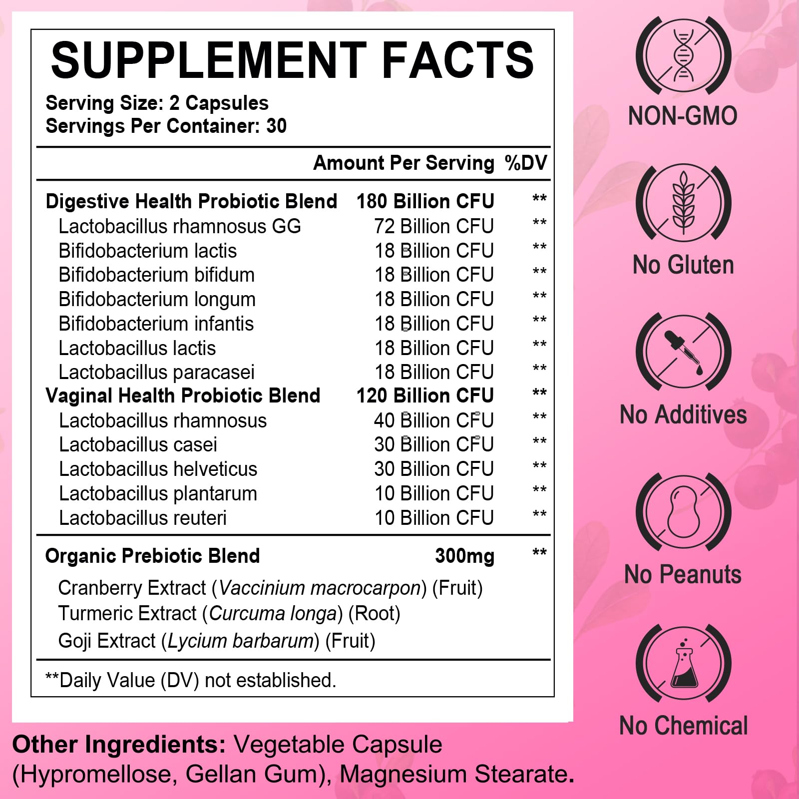 Heafetine capsules poured, highlighting daily dose and fiber-rich prebiotics for vaginal and urinary support.