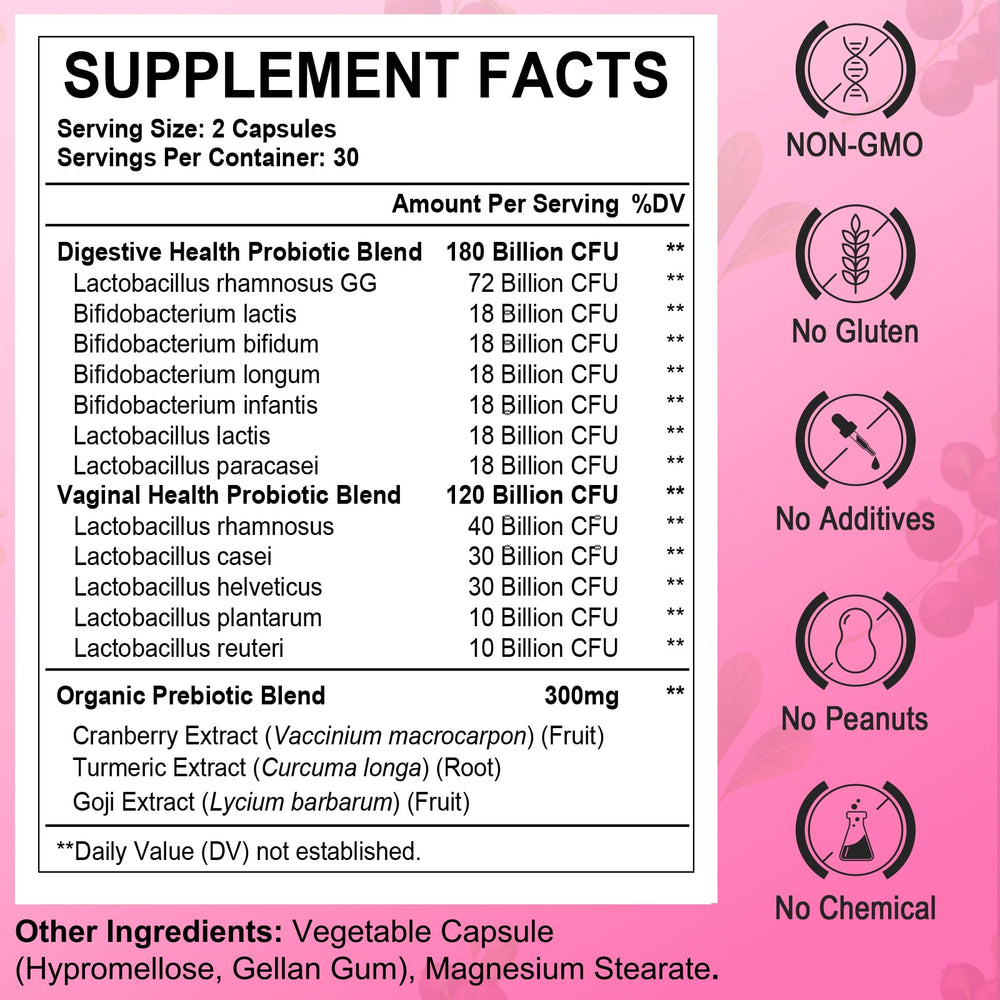Heafetine capsules poured, highlighting daily dose and fiber-rich prebiotics for vaginal and urinary support.