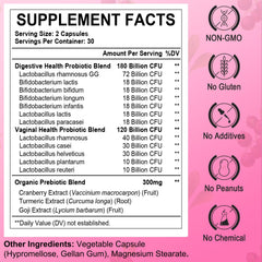 Heafetine capsules poured, highlighting daily dose and fiber-rich prebiotics for vaginal and urinary support.