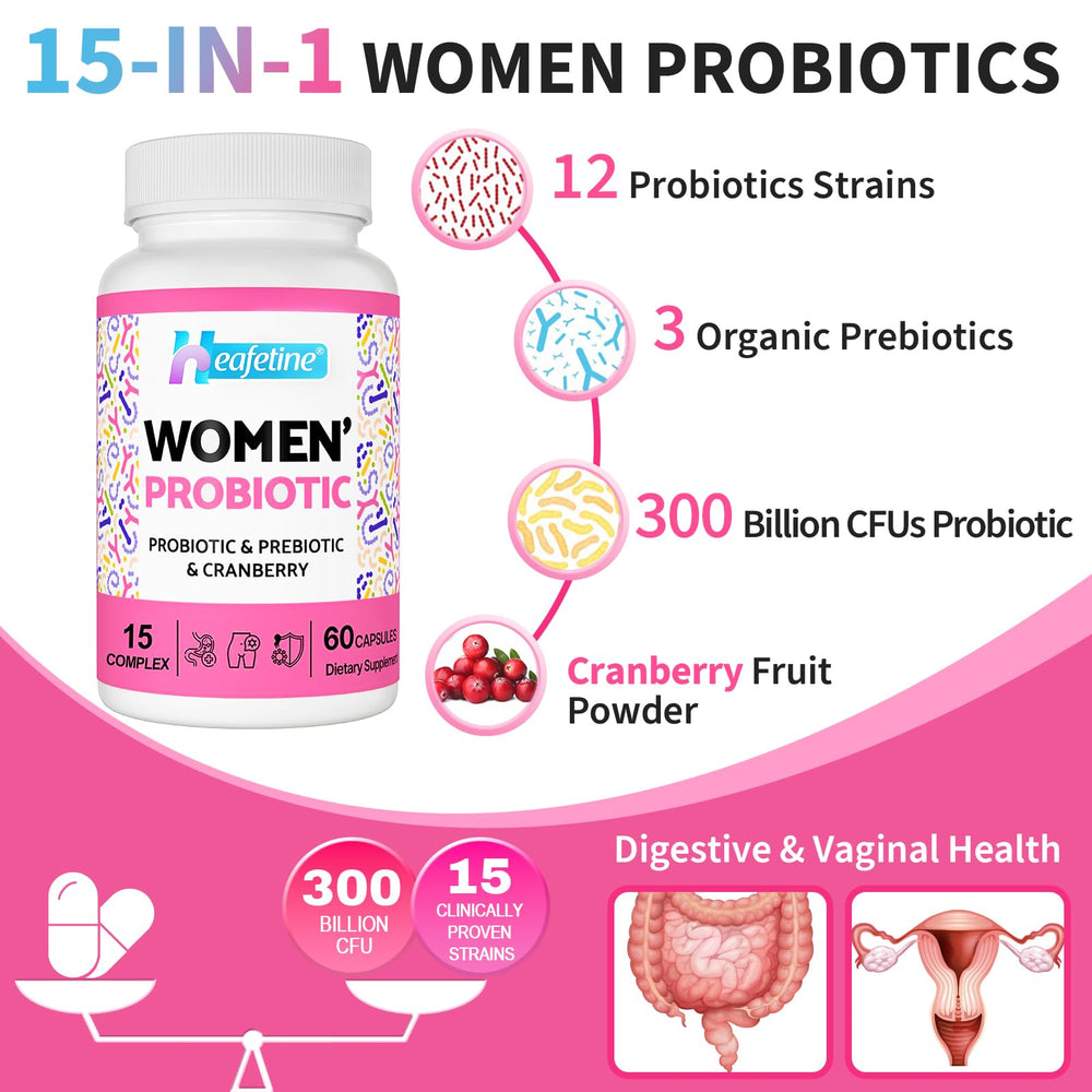 Product label close-up displaying cranberry, CFUs, and 15-in-1 probiotic details.