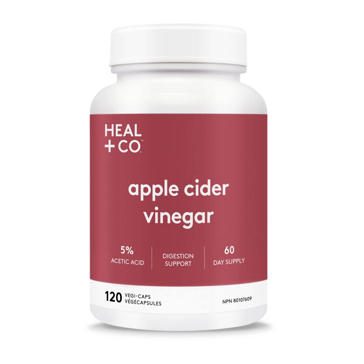 HEAL + CO. Apple Cider Vinegar 5:1 capsules bottle for convenient daily wellness.