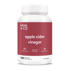 HEAL + CO. Apple Cider Vinegar 5:1 capsules bottle for convenient daily wellness.