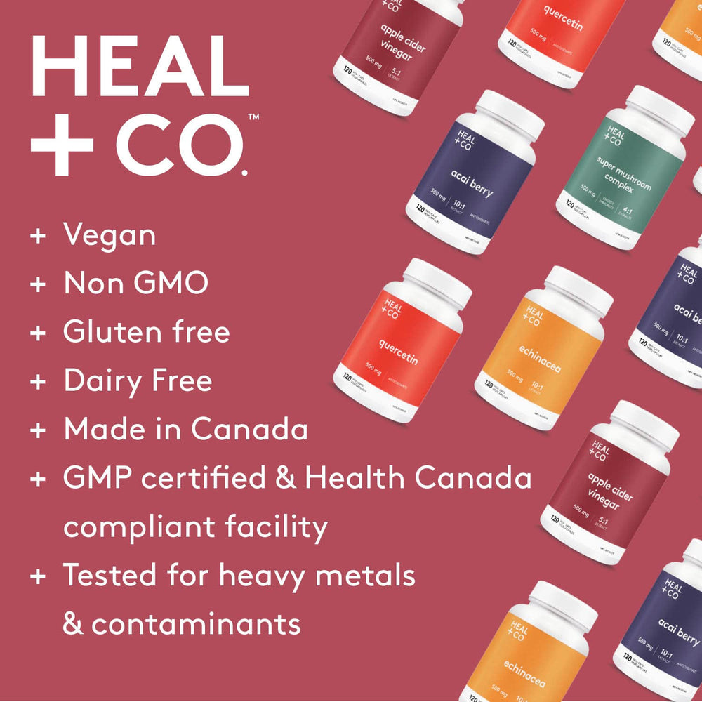 HEAL + CO. Apple Cider Vinegar 5:1 label close-up showing authenticity and purity.