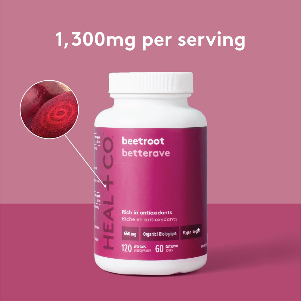 HEAL + CO Beetroot 650mg capsules beside beetroot signal natural vitality