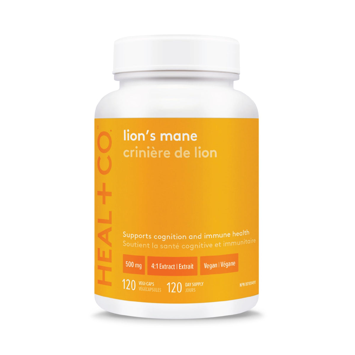 HEAL + CO Lion's Mane 120 Caps bottle for daily focus support.