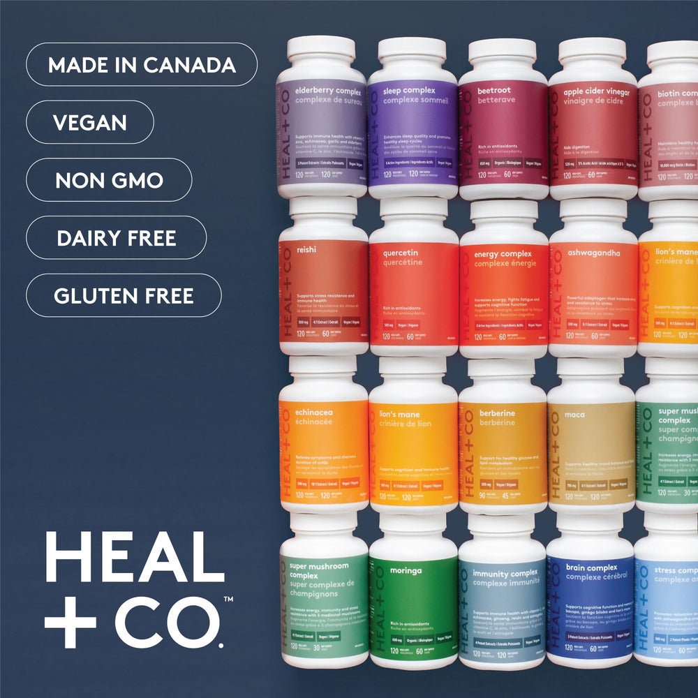 Open HEAL + CO Lion's Mane bottle with visible capsules inside.