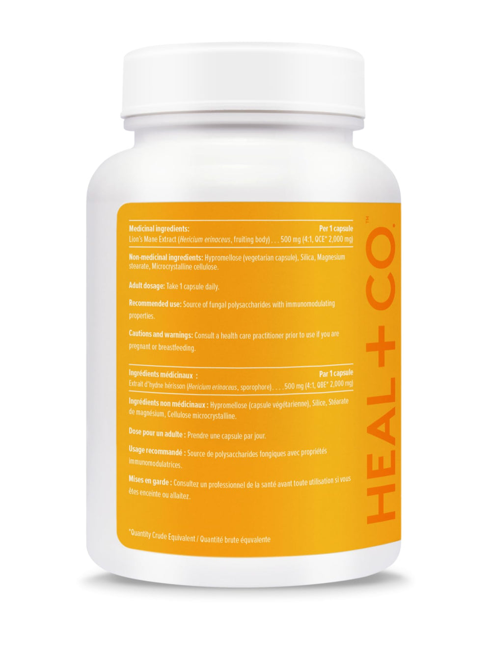 Close-up of HEAL + CO Lion's Mane label highlighting vegan ingredients.