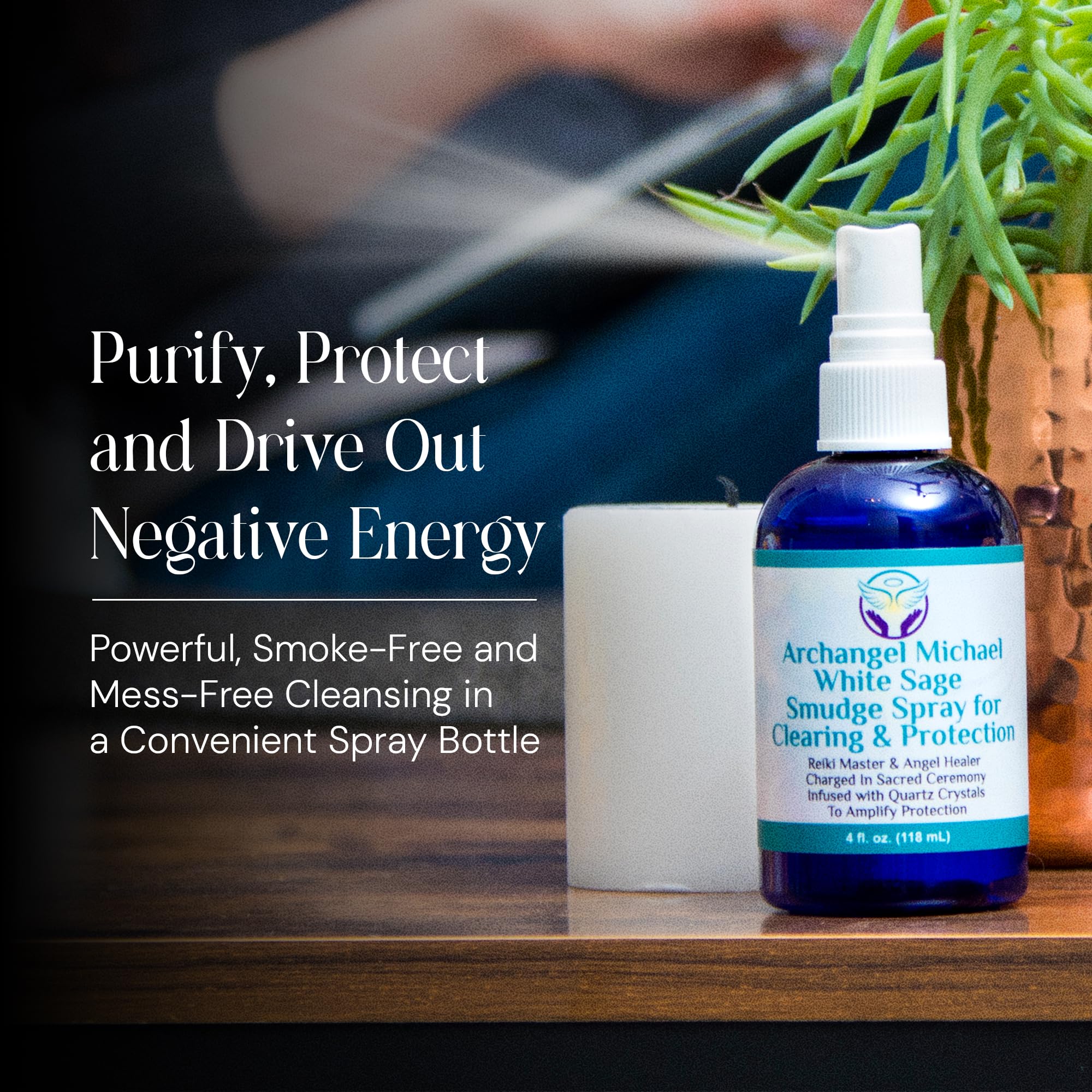 Heal The Masses White Sage Spray label closeup with quartz crystals enhancing cleansing