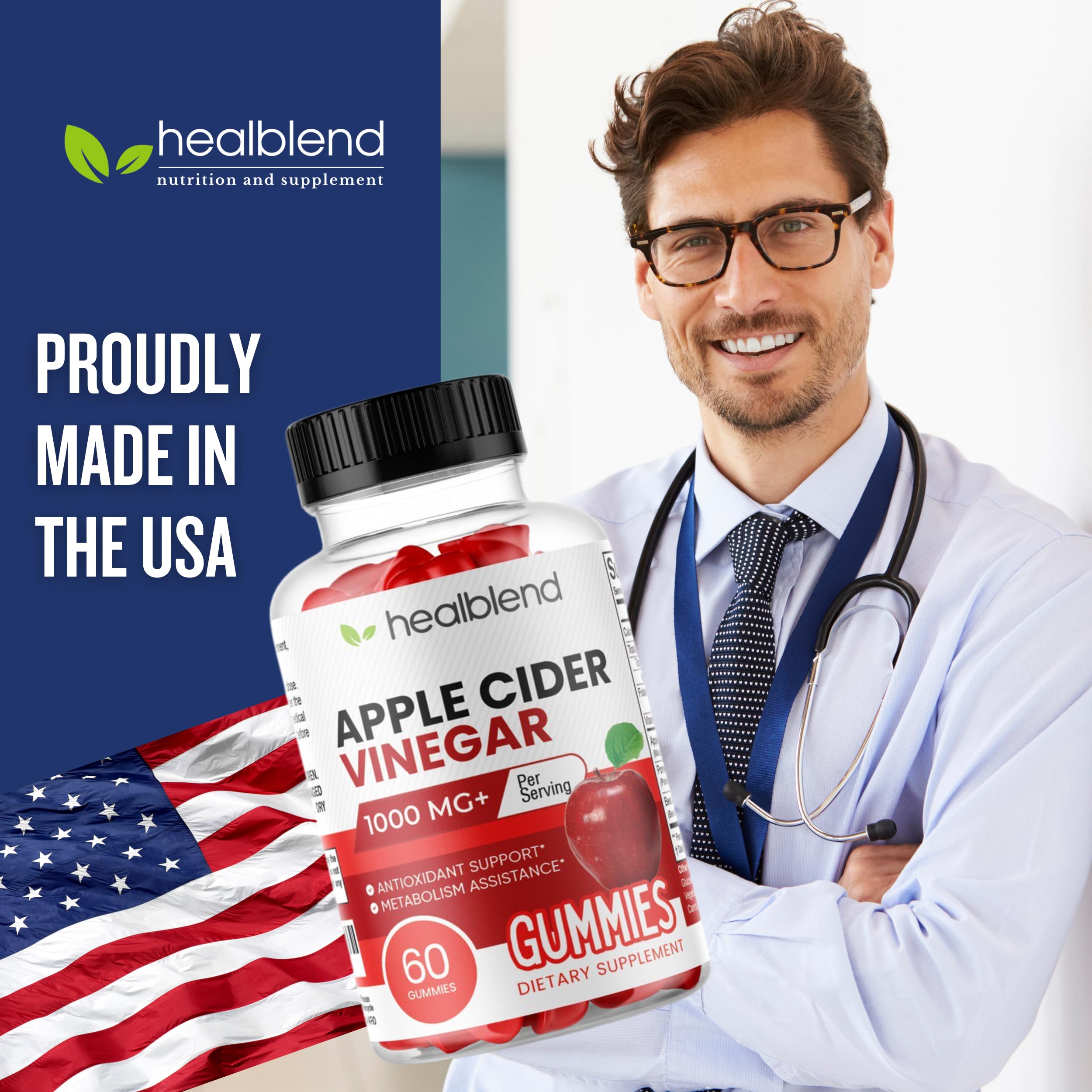 healblend Apple Cider Vinegar Gummy bottle features vitamin B12 badge for energy support.