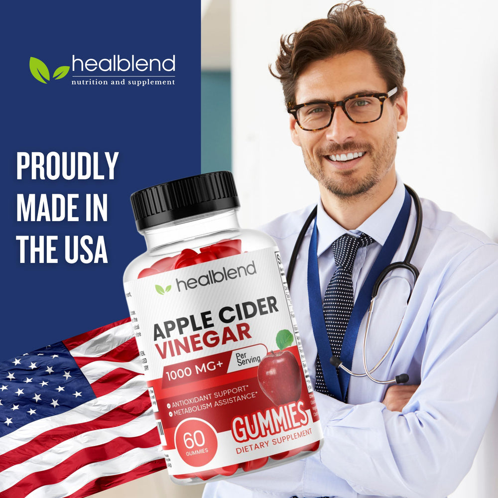 healblend Apple Cider Vinegar Gummy bottle features vitamin B12 badge for energy support.