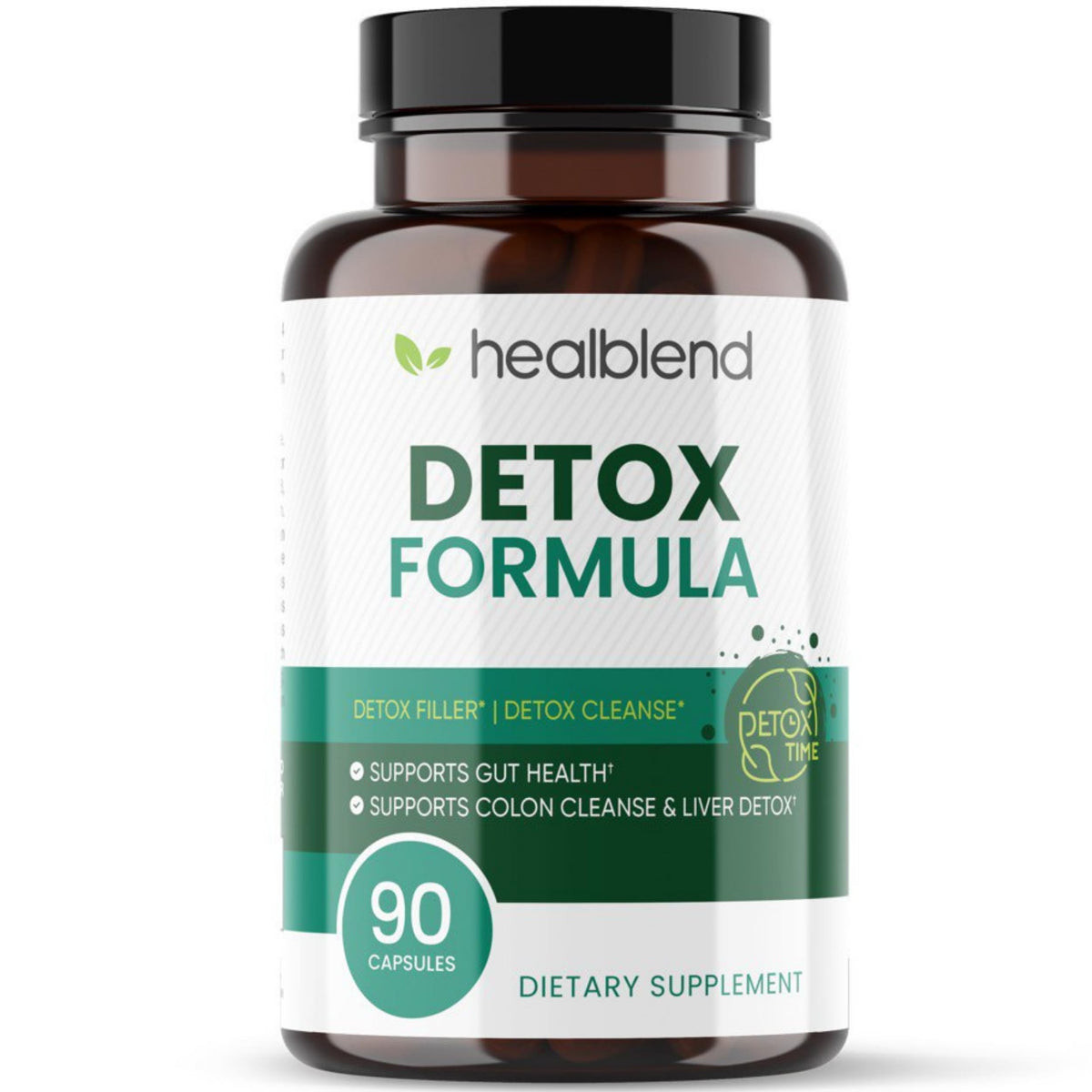 Healblend Detox Formula bottle with capsules for digestive support.