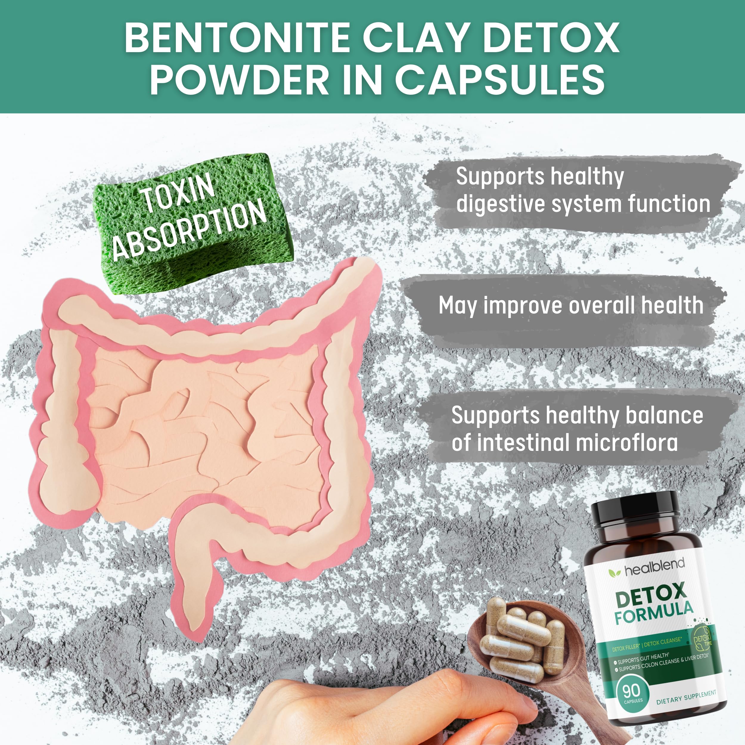 Healblend Bentonite clay powder shows toxin absorption and gut balance.