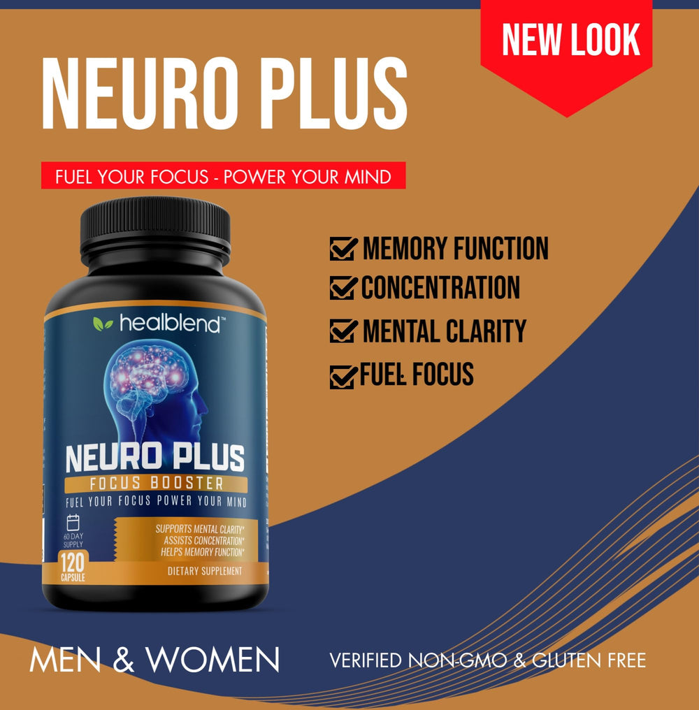 Healblend Neuro Plus capsules arranged for a 60-day focus routine.