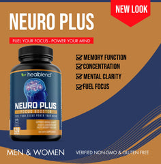 Healblend Neuro Plus capsules arranged for a 60-day focus routine.