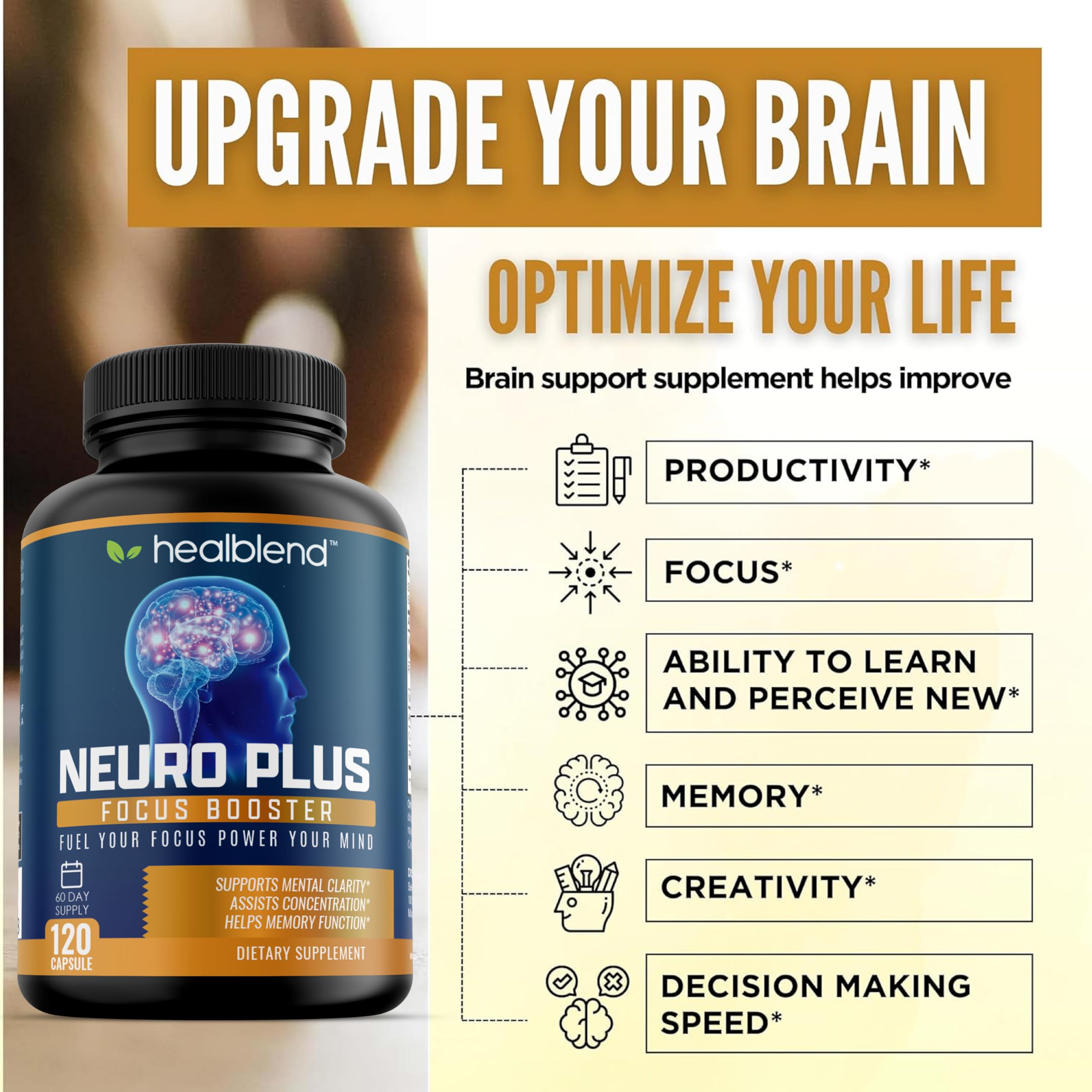Healblend Neuro Plus label lists key B vitamins and phosphatidylserine benefits.