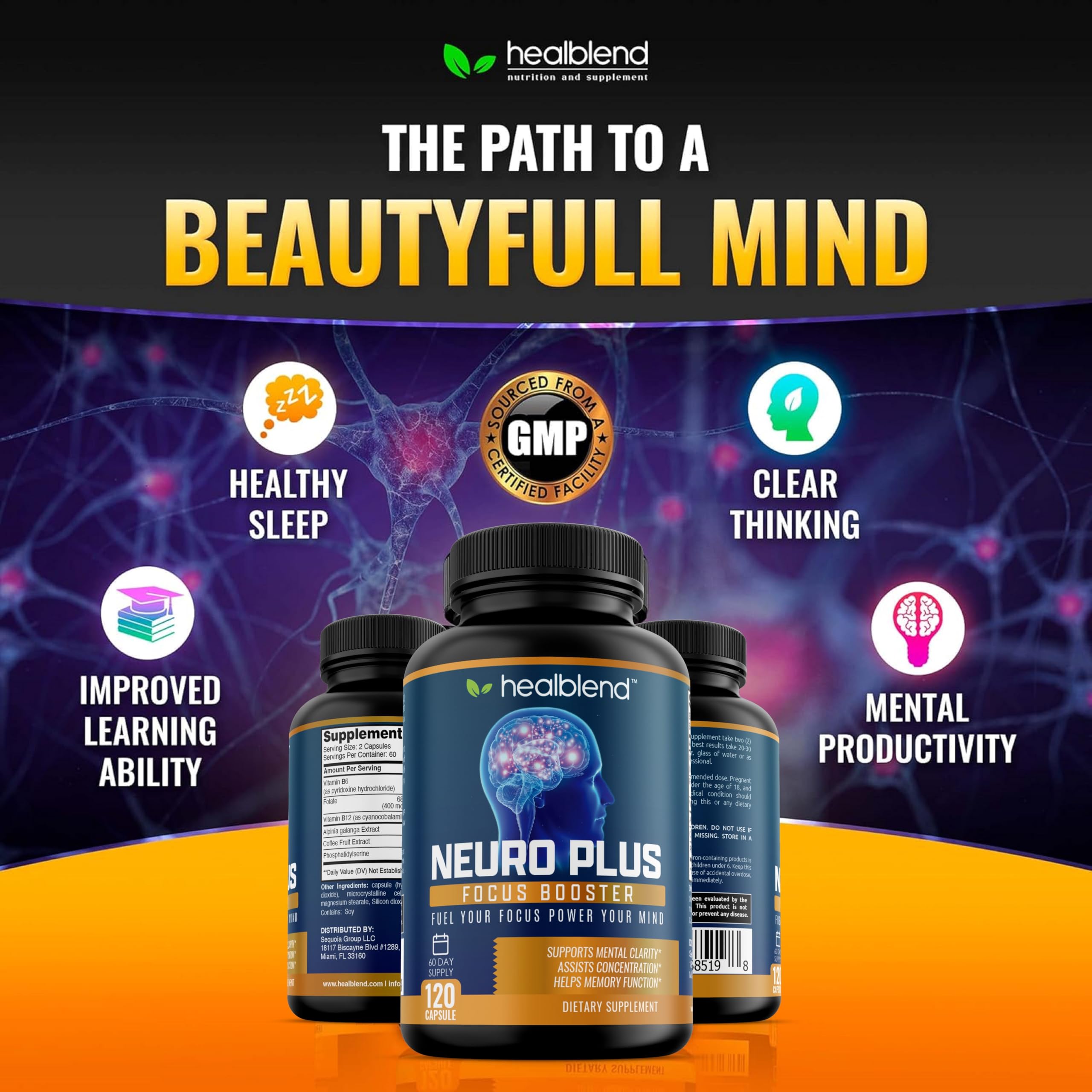 Healblend Neuro Plus packaging shows premium US-made brain support.